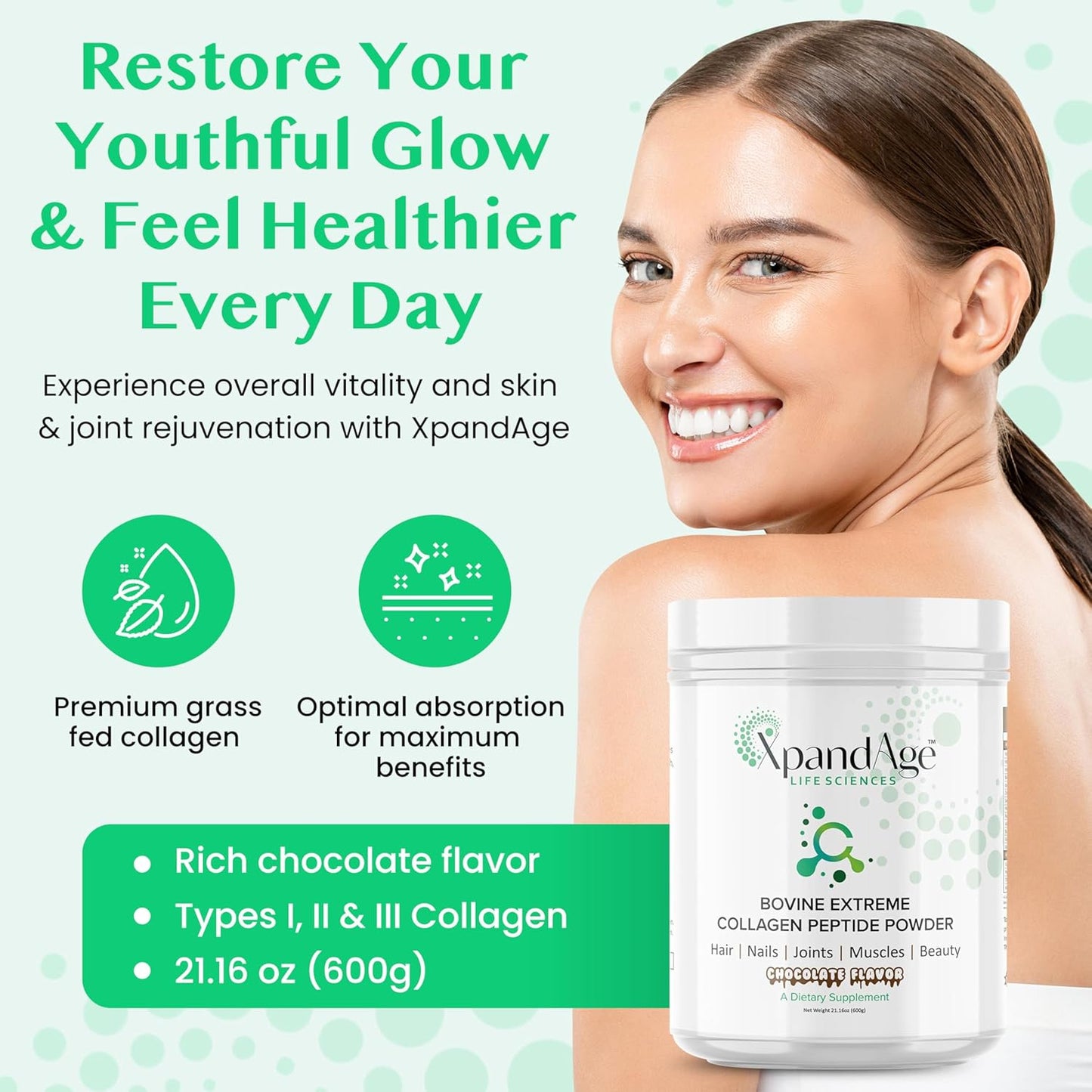 Bovine Extreme Collagen Peptide Powder with Biotin for Hair, Nails, Energy, and Joint Health - Bitter Chocolate Flavor