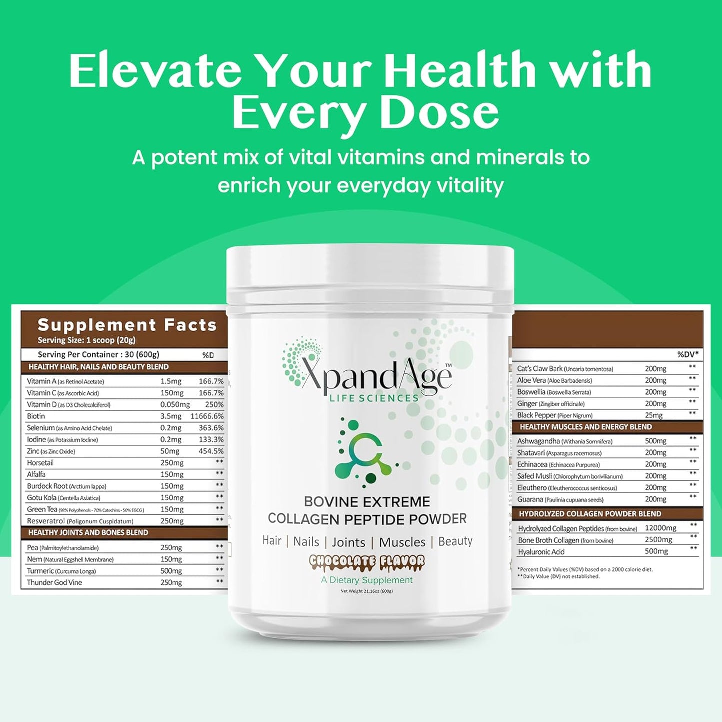 Bovine Extreme Collagen Peptide Powder with Biotin for Hair, Nails, Energy, and Joint Health - Bitter Chocolate Flavor
