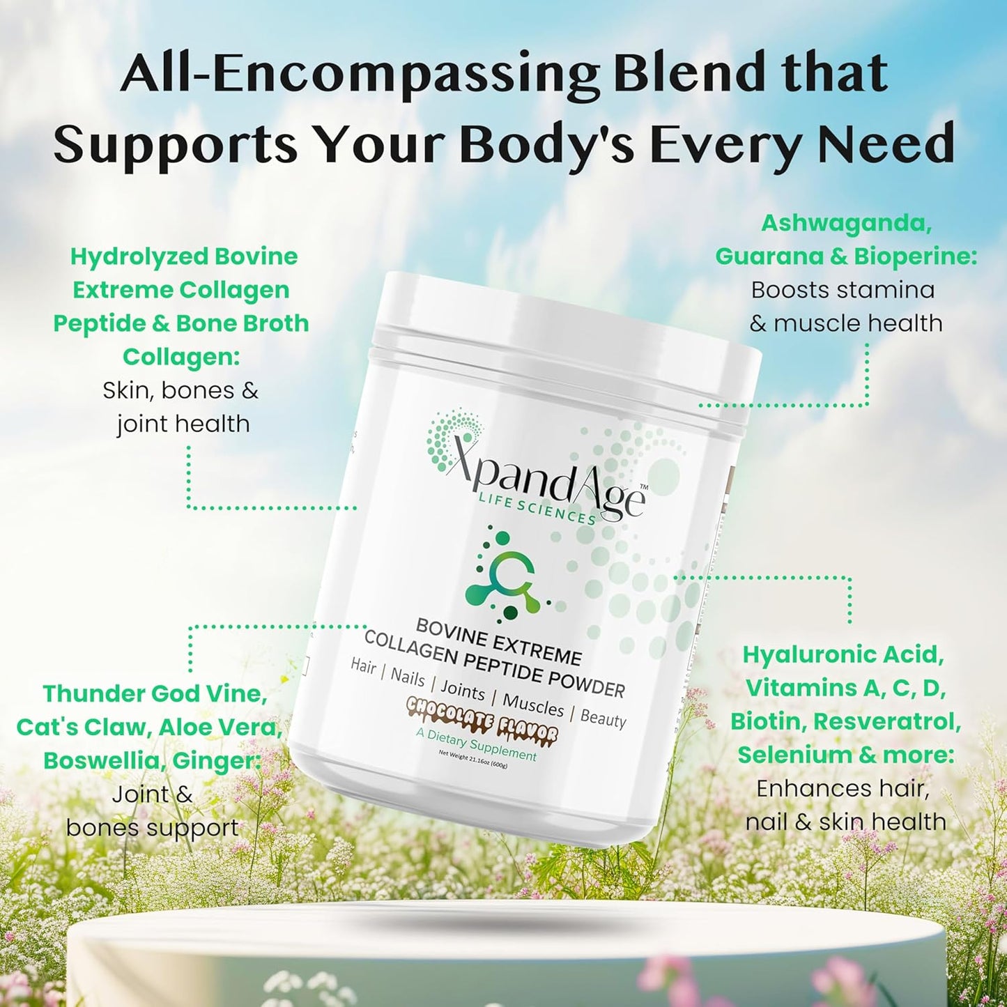 Bovine Extreme Collagen Peptide Powder with Biotin for Hair, Nails, Energy, and Joint Health - Bitter Chocolate Flavor
