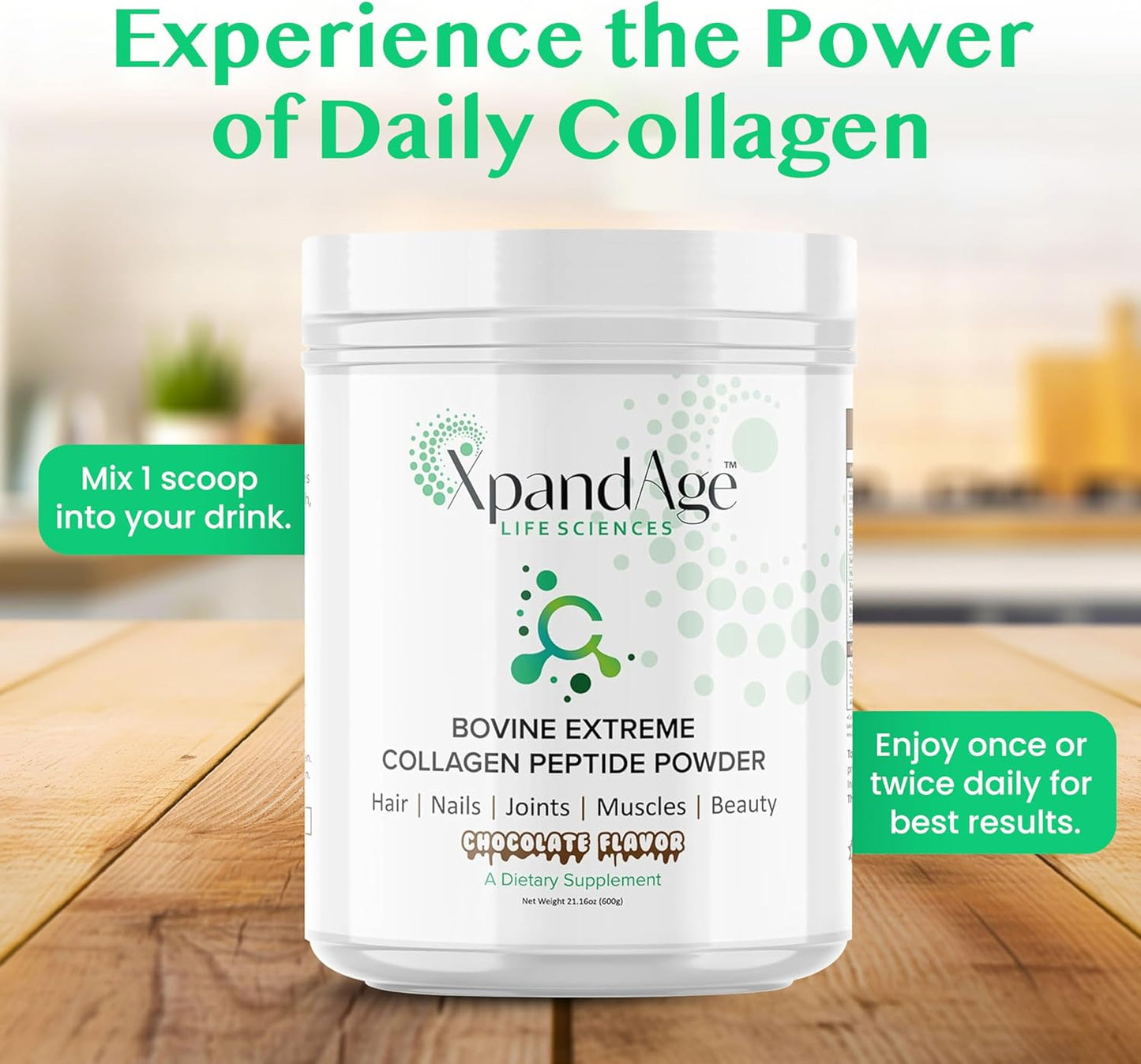 Bovine Extreme Collagen Peptide Powder with Biotin for Hair, Nails, Energy, and Joint Health - Bitter Chocolate Flavor
