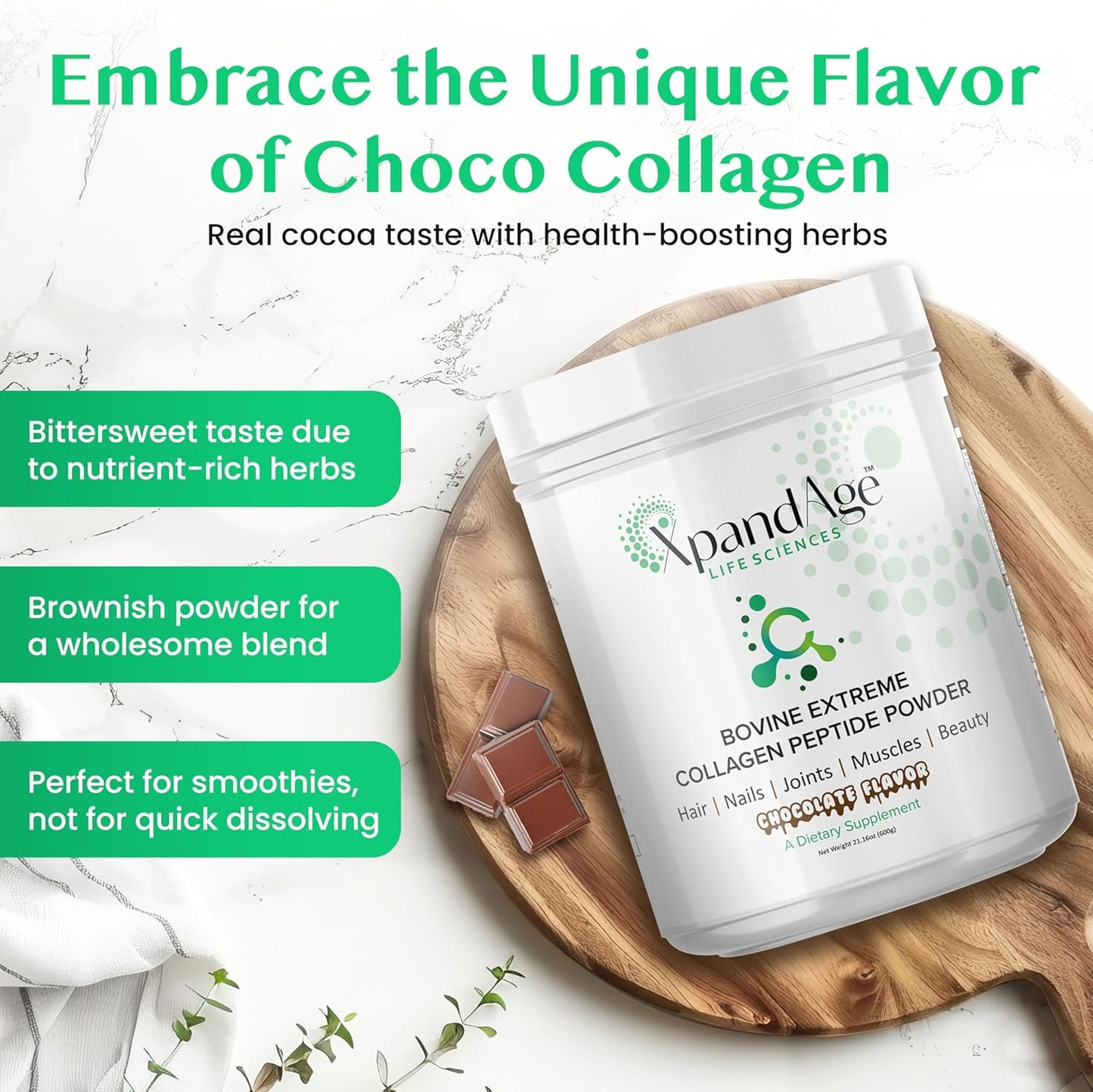 Bovine Extreme Collagen Peptide Powder with Biotin for Hair, Nails, Energy, and Joint Health - Bitter Chocolate Flavor