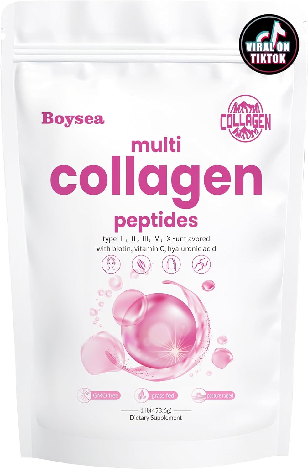 Boysea Multi-Collagen Peptides Powder with Biotin & Vitamin C - Supports Skin, Hair, Nails, Joints - Unflavored, Non-GMO, Gluten-Free - Easy Mix 1LB