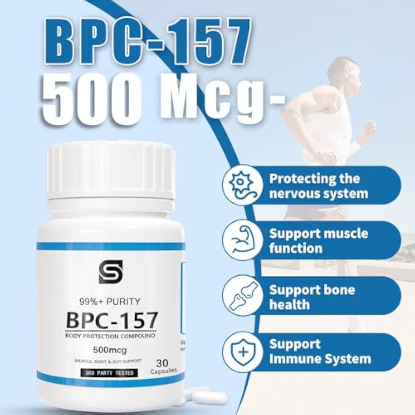 BPC-157 Peptide Capsules for Muscle & Workout Recovery - 500 mcg, 30 Capsules, Non-GMO & Gluten Free