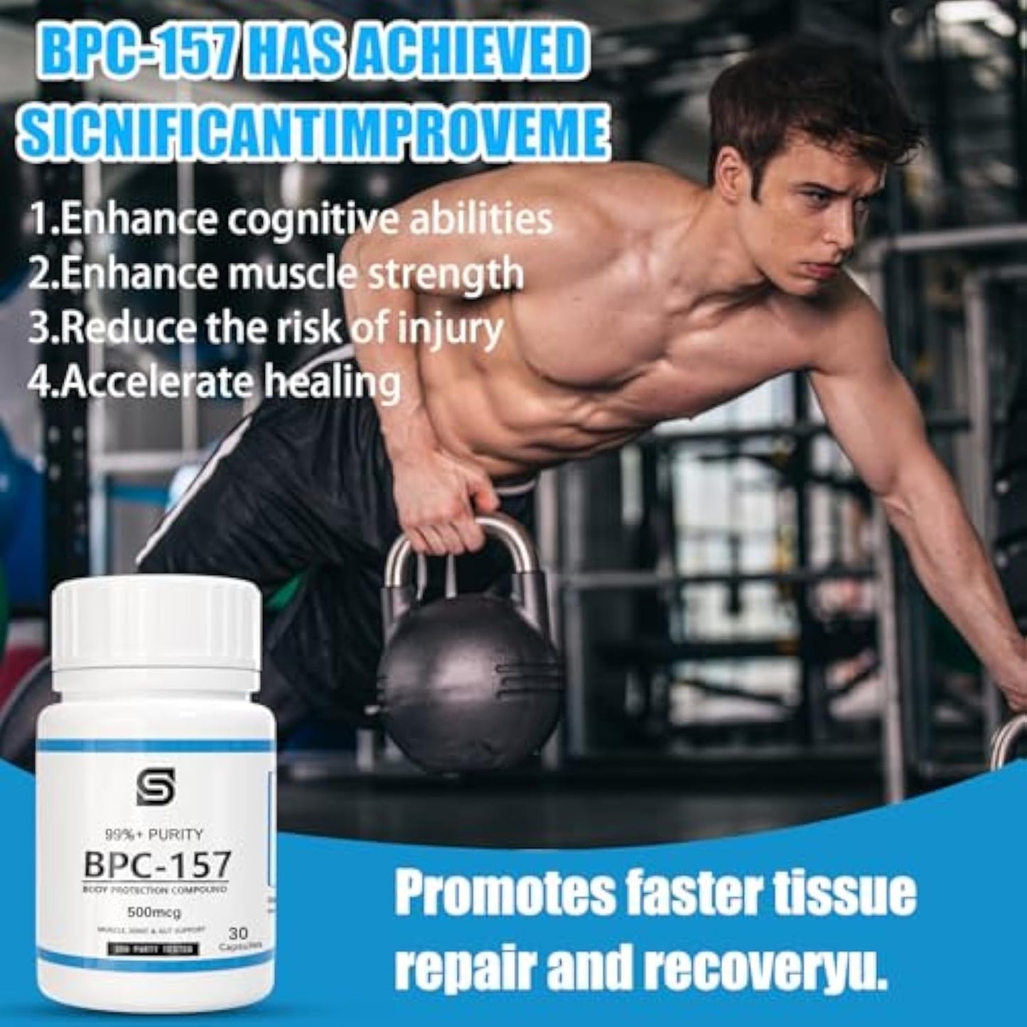 BPC-157 Peptide Capsules for Muscle & Workout Recovery - 500 mcg, 30 Capsules, Non-GMO & Gluten Free