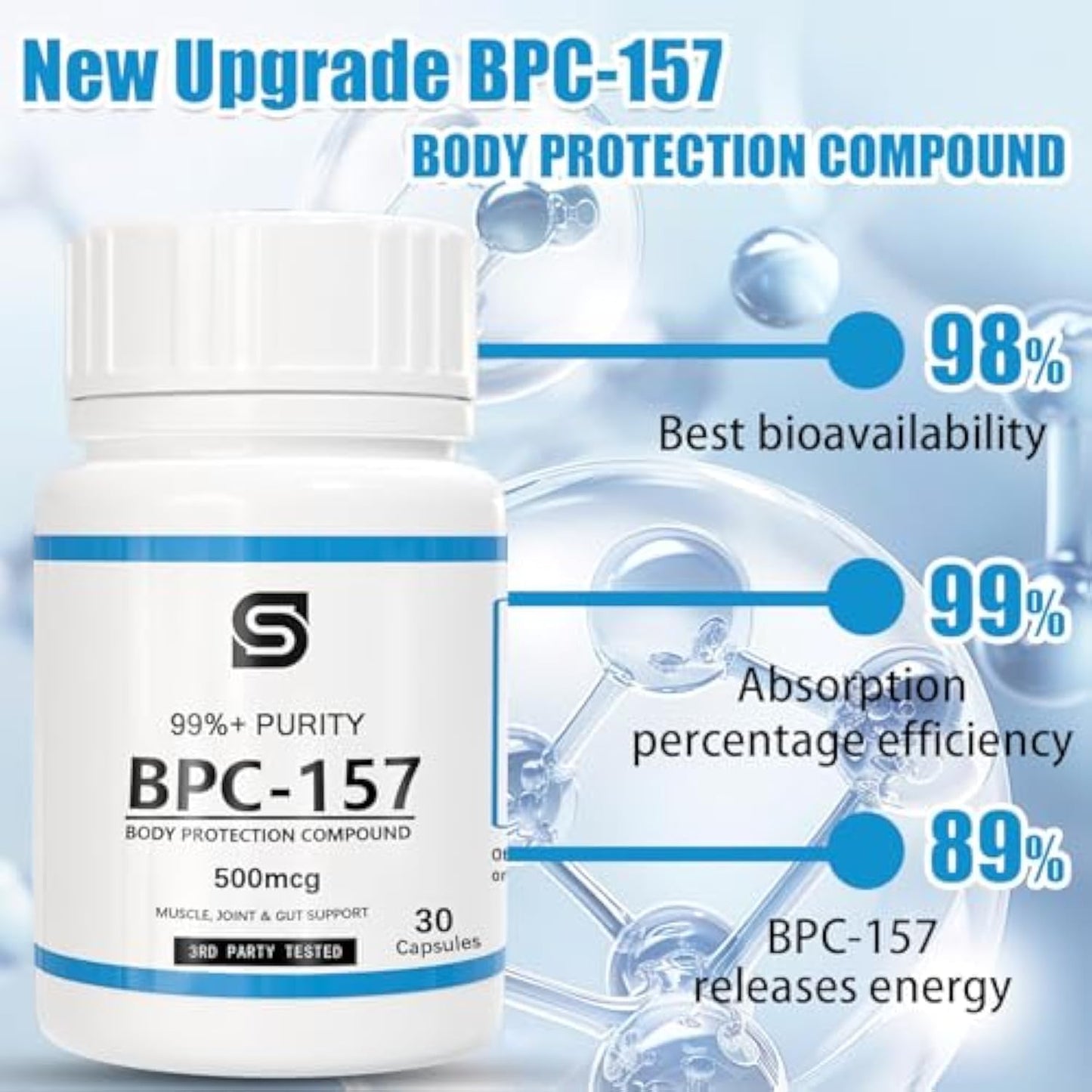 BPC-157 Peptide Capsules for Muscle & Workout Recovery - 500 mcg, 30 Capsules, Non-GMO & Gluten Free