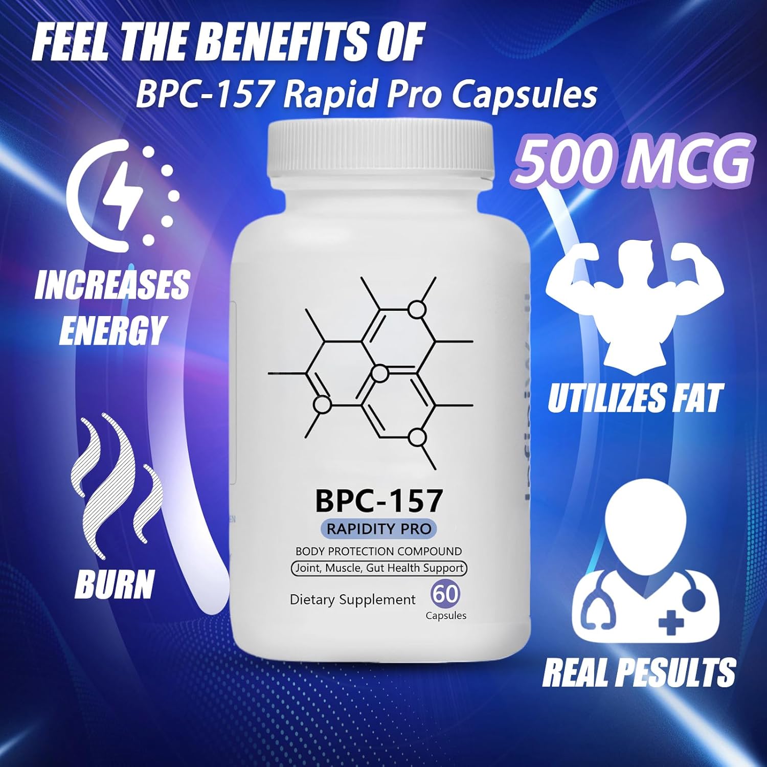 BPC-157 Rapid Pro Capsules - 500mcg, Non-GMO, Dairy & Gluten Free, Protective Compound 157 - 60 Capsules