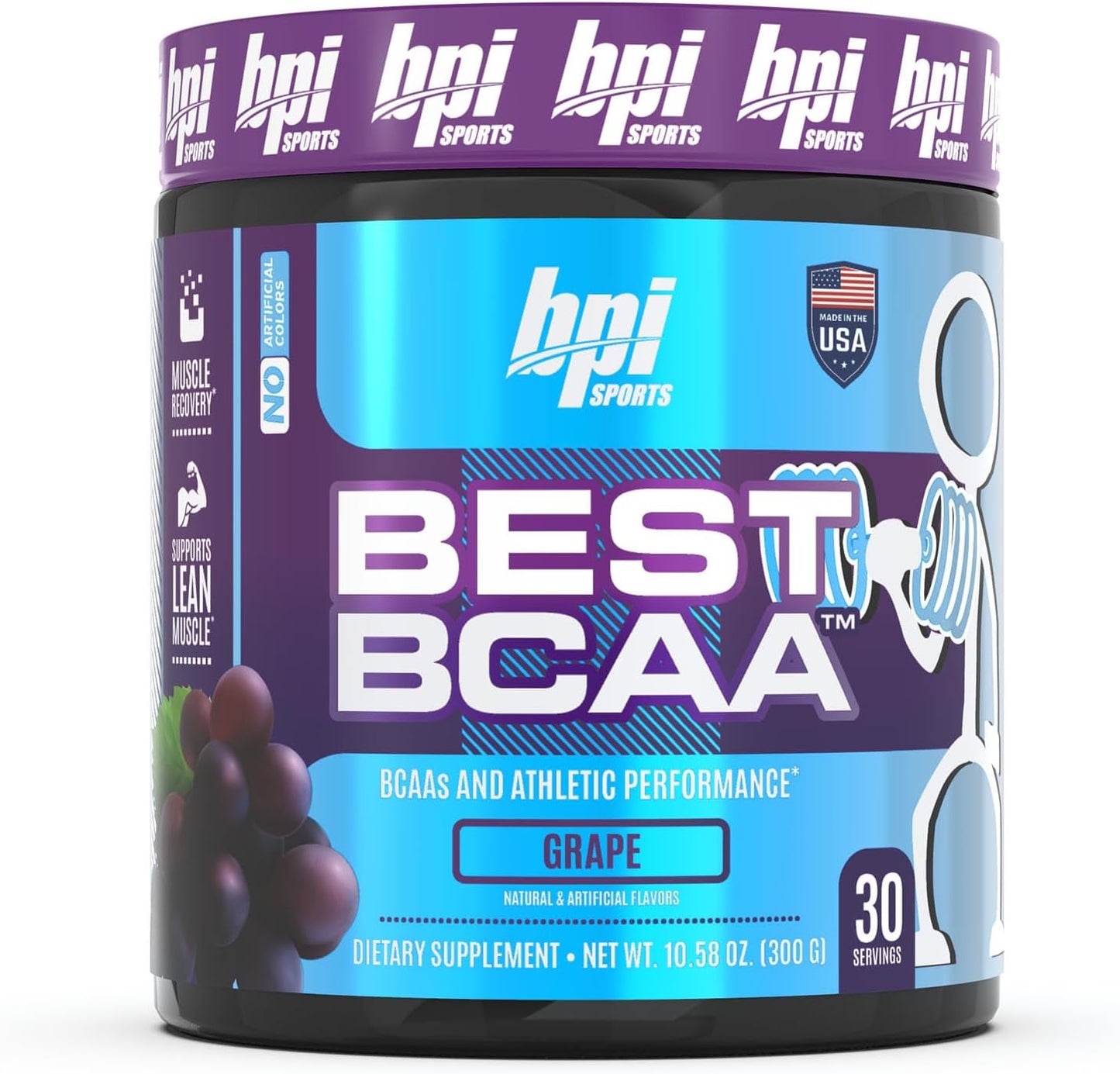BPI Sports Best BCAA Grape Flavor - Post-Workout Recovery Support with Omega 6 - 30 Servings, 300g