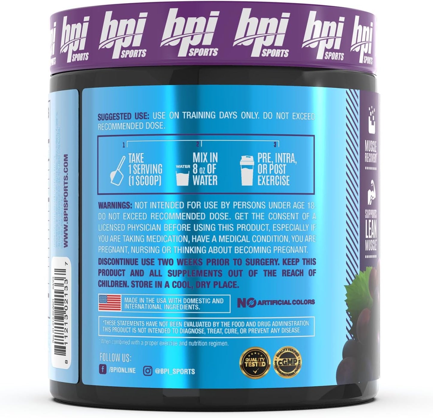 BPI Sports Best BCAA Grape Flavor - Post-Workout Recovery Support with Omega 6 - 30 Servings, 300g