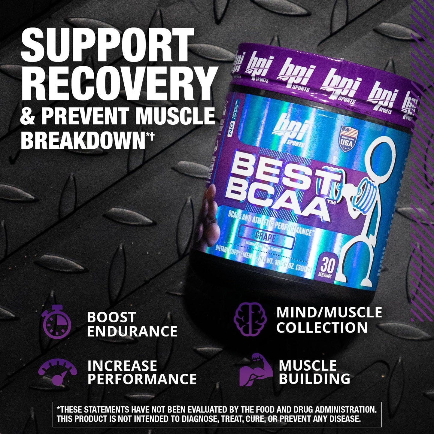 BPI Sports Best BCAA Grape Flavor - Post-Workout Recovery Support with Omega 6 - 30 Servings, 300g