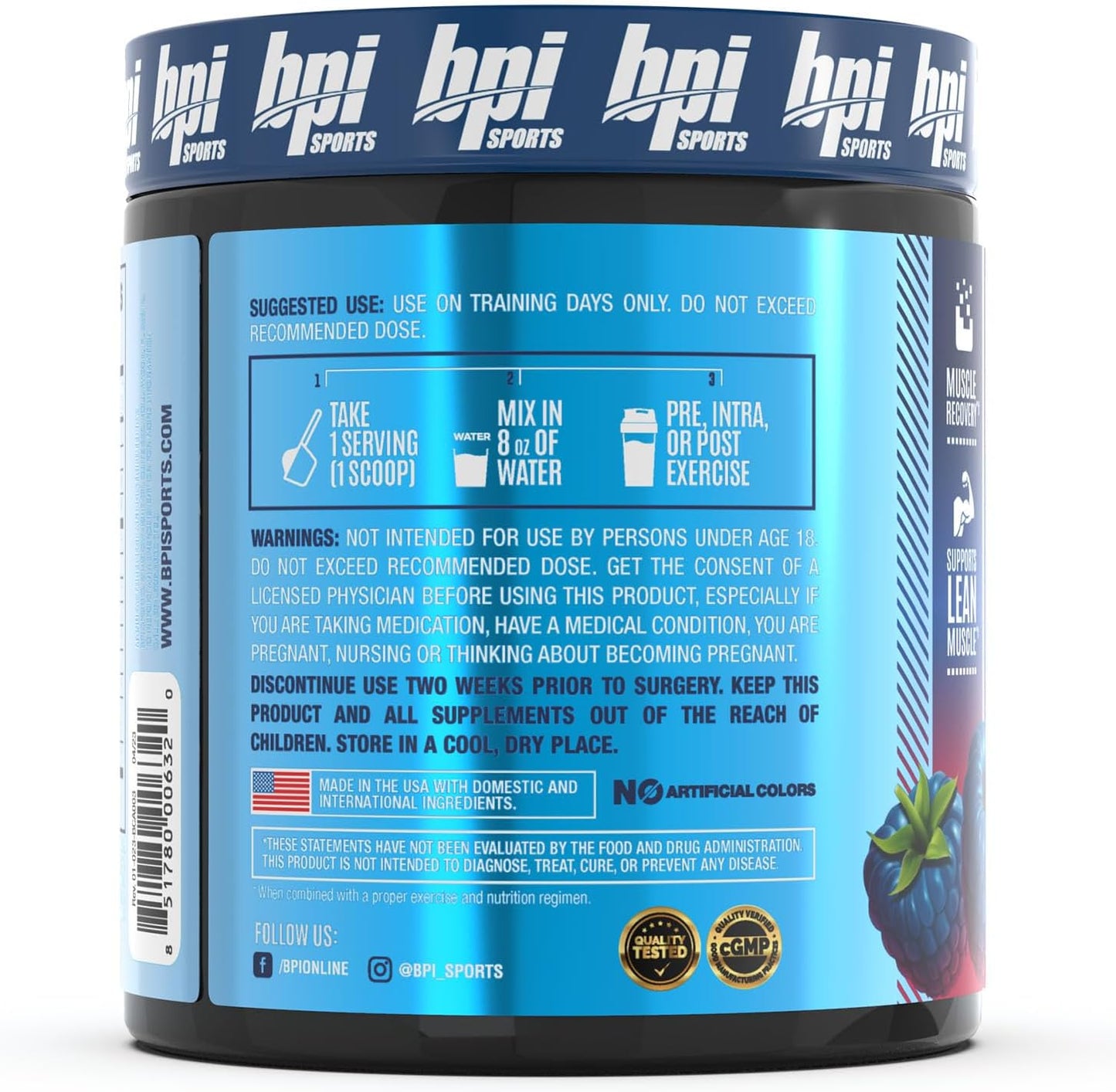 BPI Sports BEST BCAA Powder Post Workout Drink - Blue Raspberry Flavor, 30 Servings for Hydration & Recovery in Men & Women
