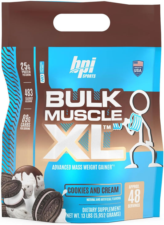 BPI Sports Bulk Muscle XL - High-Protein Weight Gainer for Muscle Building & Recovery, 25g Protein & 497 Calories Per Serving - Chocolate & Cookies and Cream, 13lb Bag