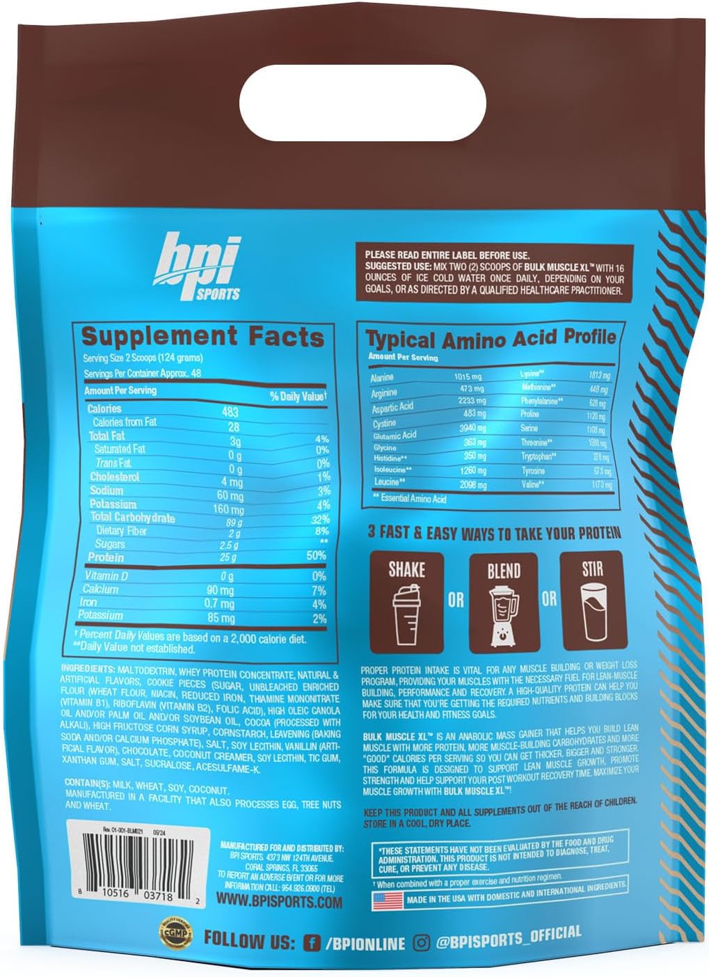 BPI Sports Bulk Muscle XL - High-Protein Weight Gainer for Muscle Building & Recovery, 25g Protein & 497 Calories Per Serving - Chocolate & Cookies and Cream, 13lb Bag