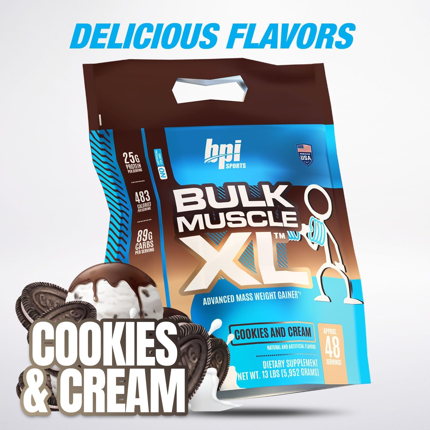 BPI Sports Bulk Muscle XL - High-Protein Weight Gainer for Muscle Building & Recovery, 25g Protein & 497 Calories Per Serving - Chocolate & Cookies and Cream, 13lb Bag