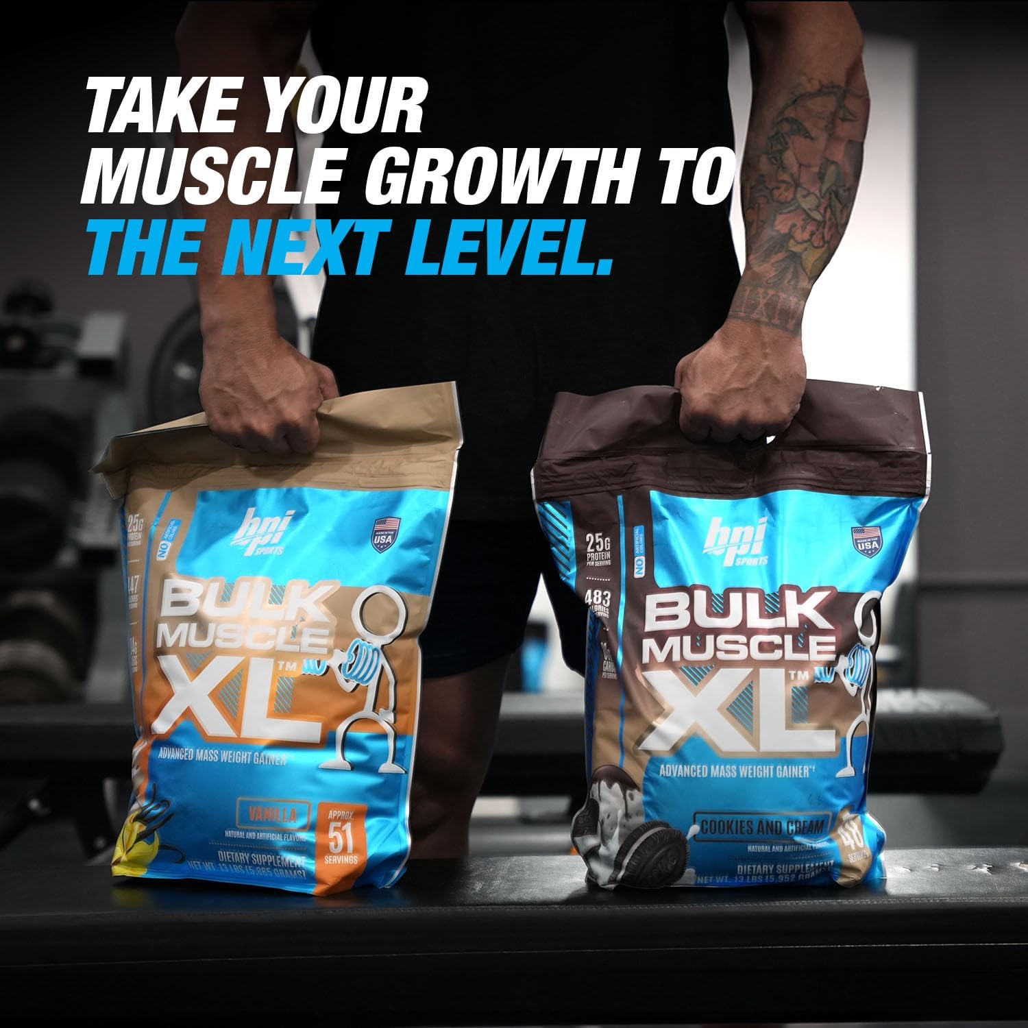 BPI Sports Bulk Muscle XL - High-Protein Weight Gainer for Muscle Building & Recovery, 25g Protein & 497 Calories Per Serving - Chocolate & Cookies and Cream, 13lb Bag
