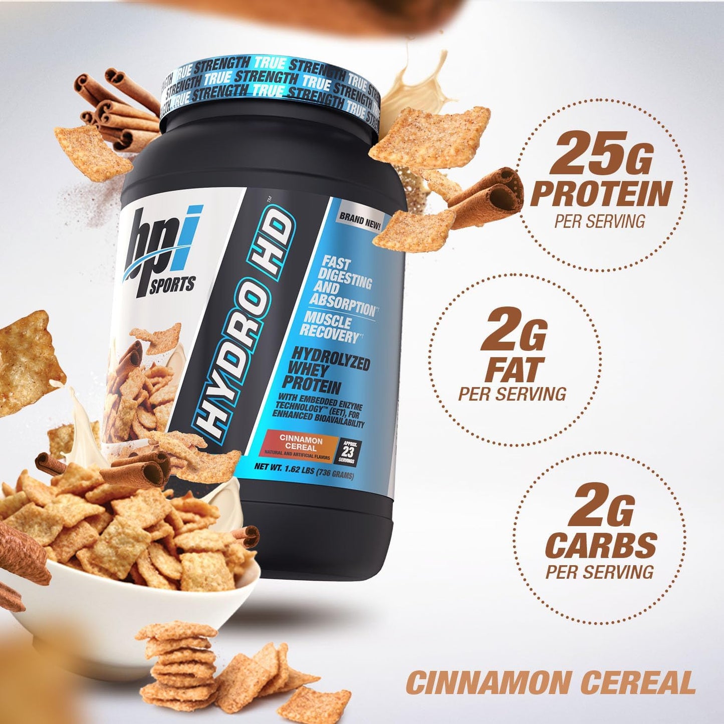 BPI Sports Hydro HD 100% Hydrolyzed Whey Protein Powder - 25g Protein, Muscle Growth & Recovery, Low Carb & Sugar - Cinnamon Cereal Flavor - 23 Servings