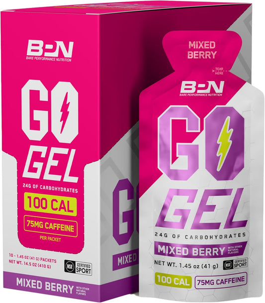 BPN Go Gel Endurance Gel - Vegan & Gluten Free Running Gel, Caffeinated Mixed Berry Flavor, 10 Single-Serving Packs