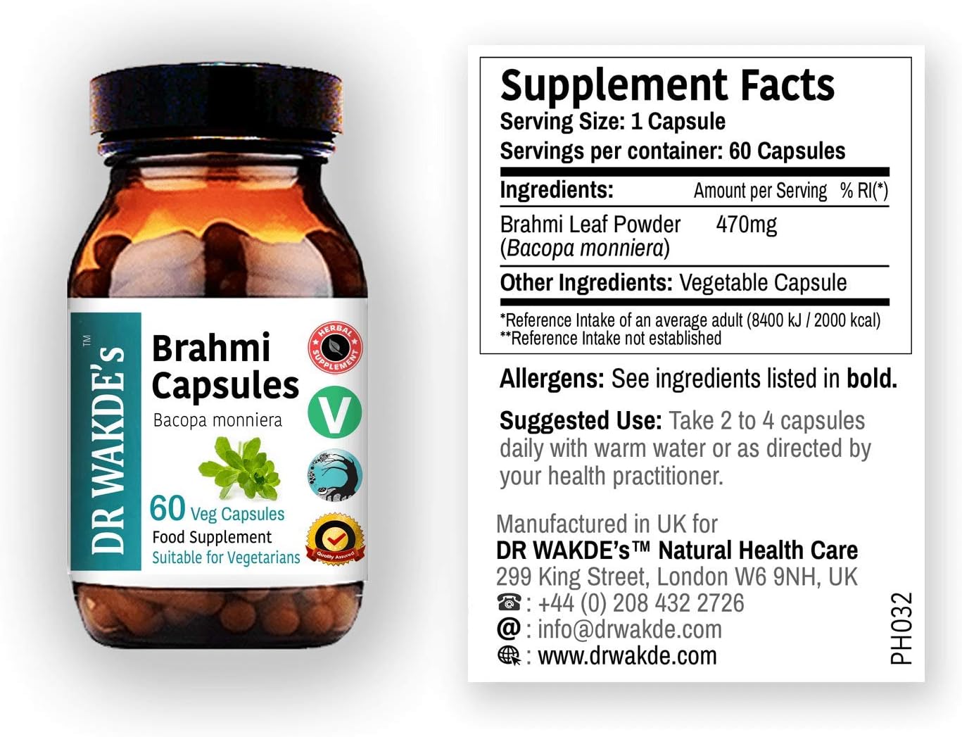 Brahmi Capsules (Bacopa monniera) - 60 Veg Caps - Ayurvedic Supplement - Vegan - 100% Herbal - Quantity Discounts - Fast Dispatch