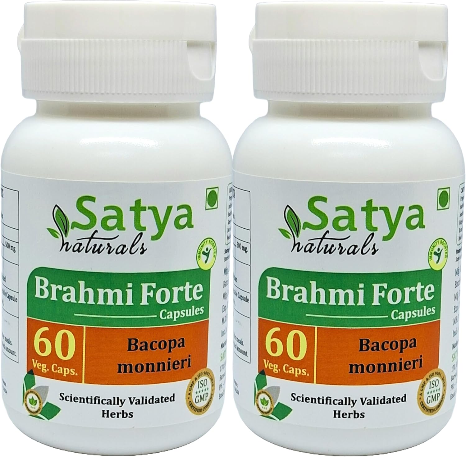 Brahmi Forte Capsules 500mg - Ayurvedic Herbal Supplement for Men and Women - 2 Bottles of 60 Veg Capsules - Satya Naturals