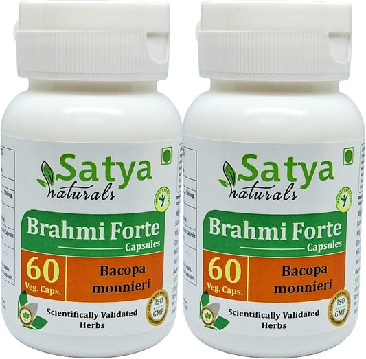Brahmi Forte Capsules 500mg - Ayurvedic Herbal Supplement for Men and Women - 2 Bottles of 60 Veg Capsules - Satya Naturals