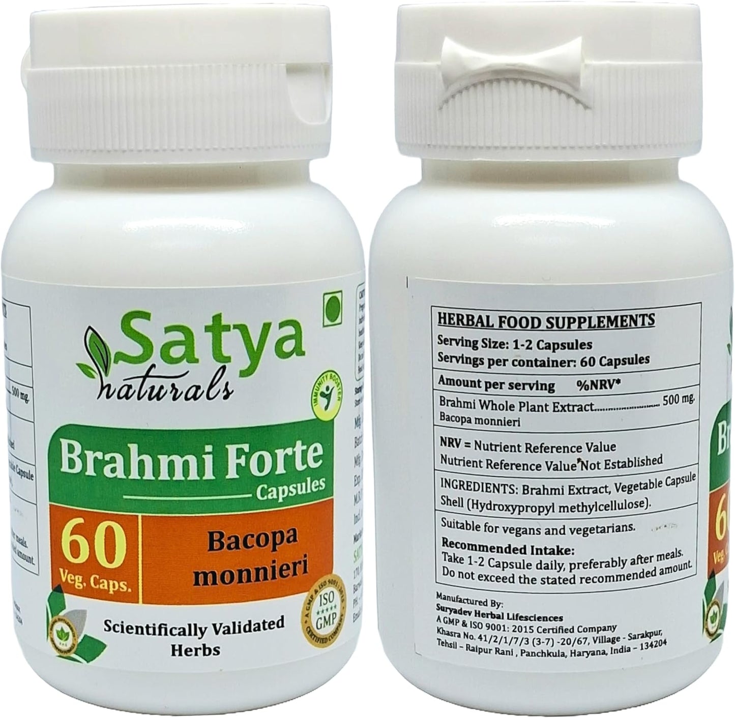 Brahmi Forte Capsules 500mg - Ayurvedic Herbal Supplement for Men and Women - 2 Bottles of 60 Veg Capsules - Satya Naturals