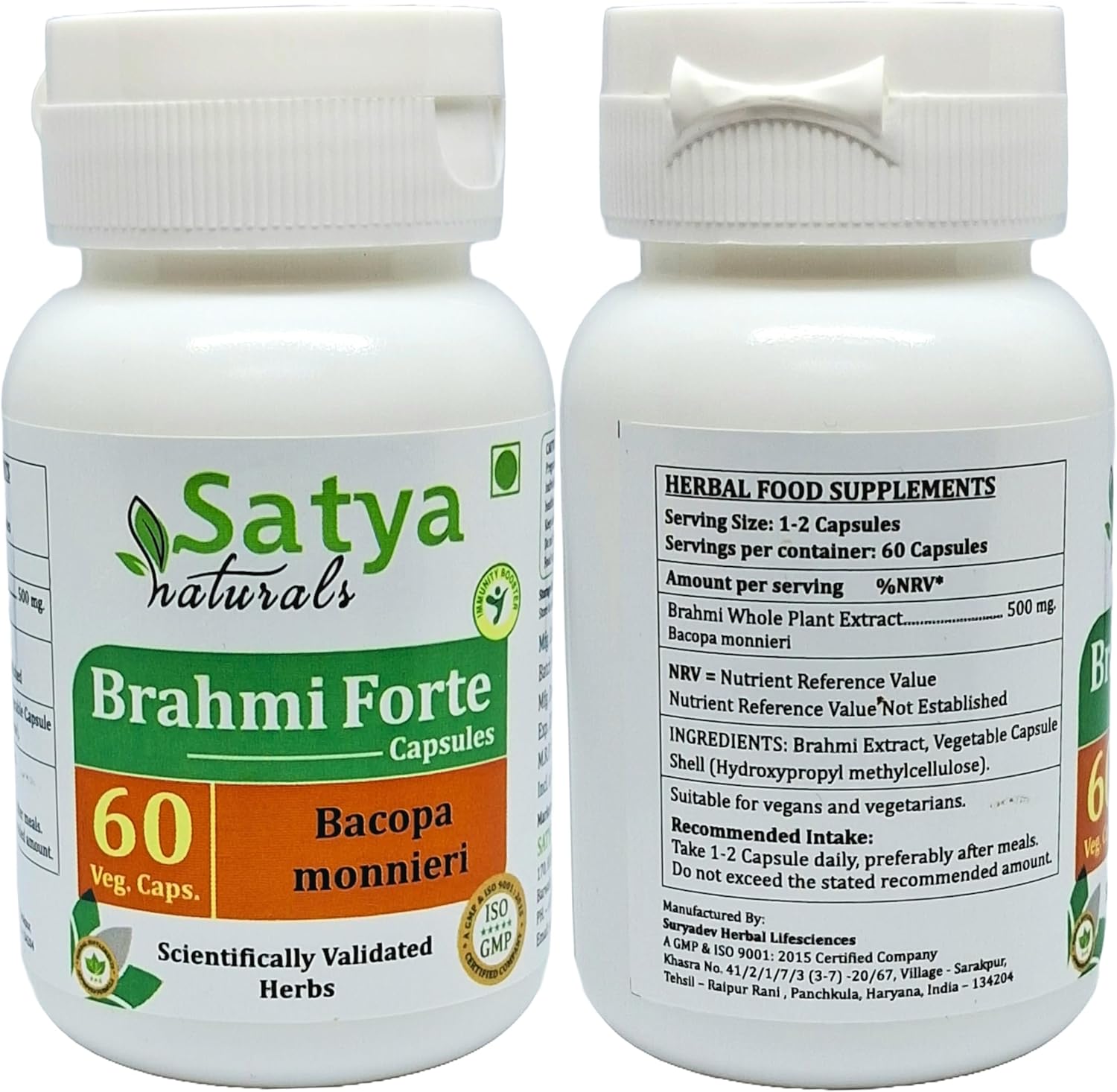 Brahmi Forte Capsules 500mg - Ayurvedic Herbal Supplement for Men and Women - 2 Bottles of 60 Veg Capsules - Satya Naturals