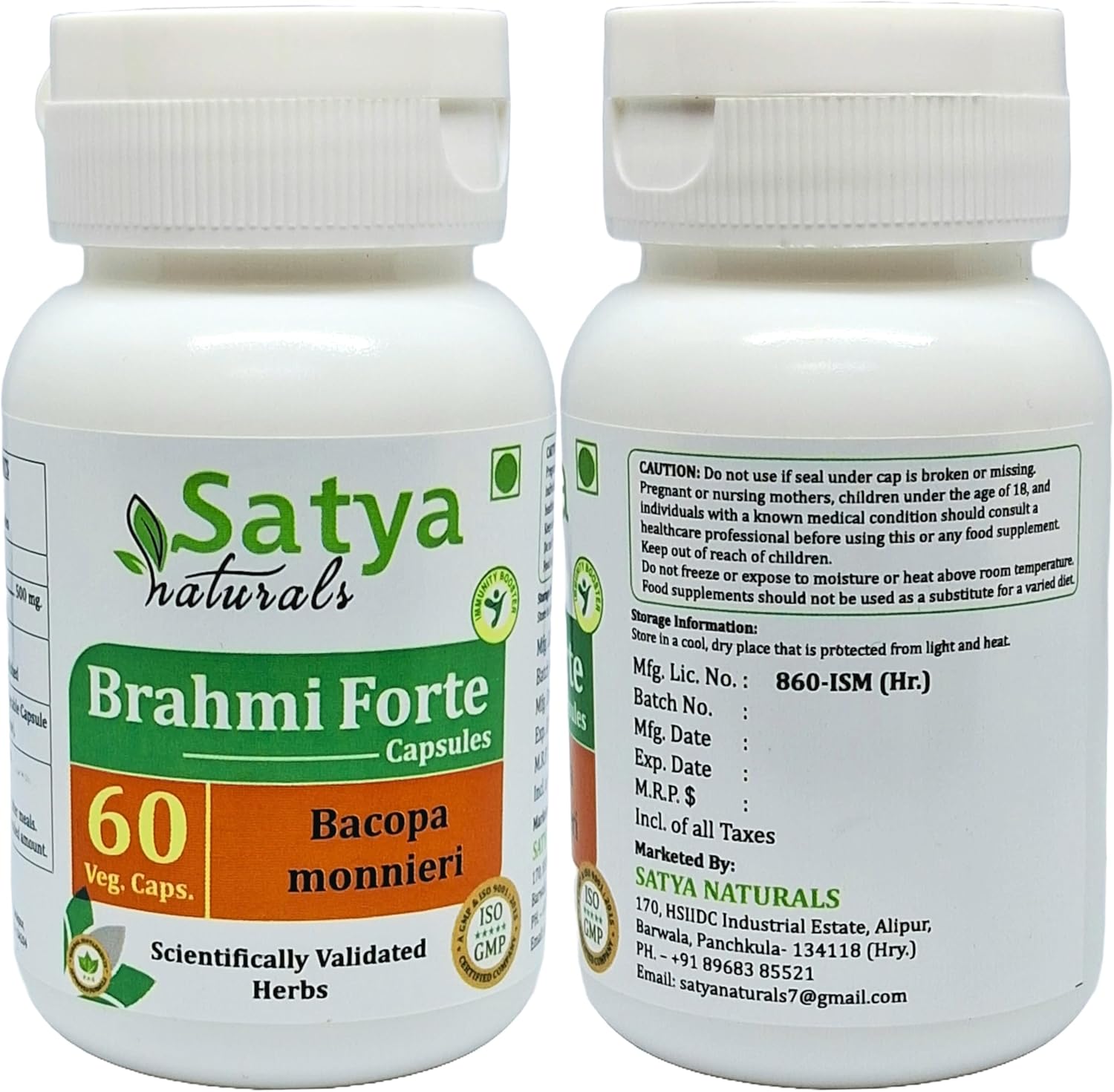 Brahmi Forte Capsules 500mg - Ayurvedic Herbal Supplement for Men and Women - 2 Bottles of 60 Veg Capsules - Satya Naturals