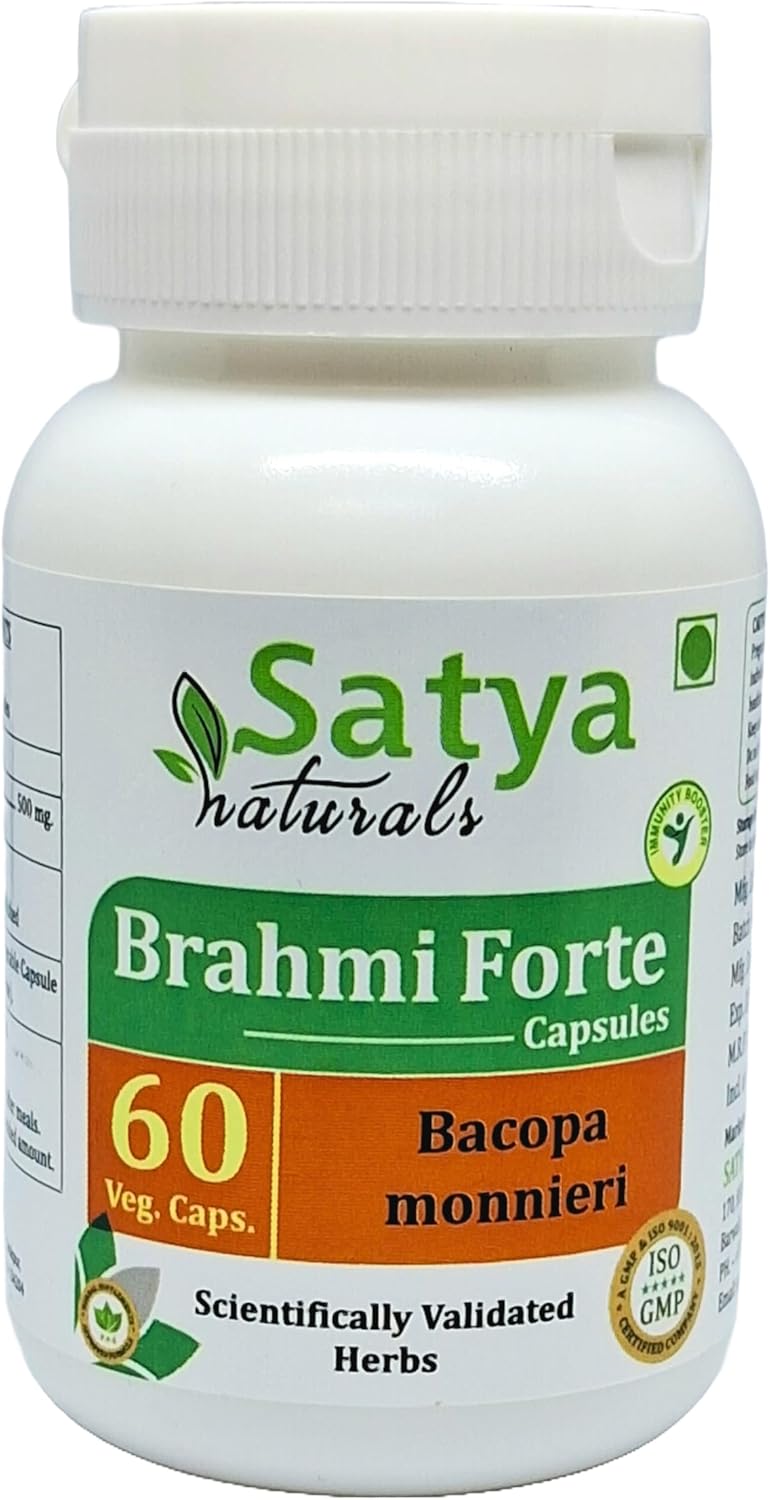 Brahmi Forte Capsules 500mg - Ayurvedic Herbal Supplement for Men and Women - 2 Bottles of 60 Veg Capsules - Satya Naturals