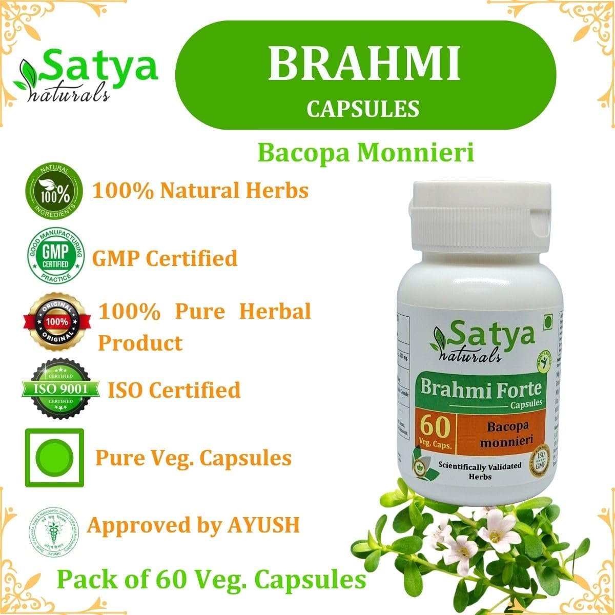 Brahmi Forte Capsules 500mg - Ayurvedic Herbal Supplement for Men and Women - 2 Bottles of 60 Veg Capsules - Satya Naturals