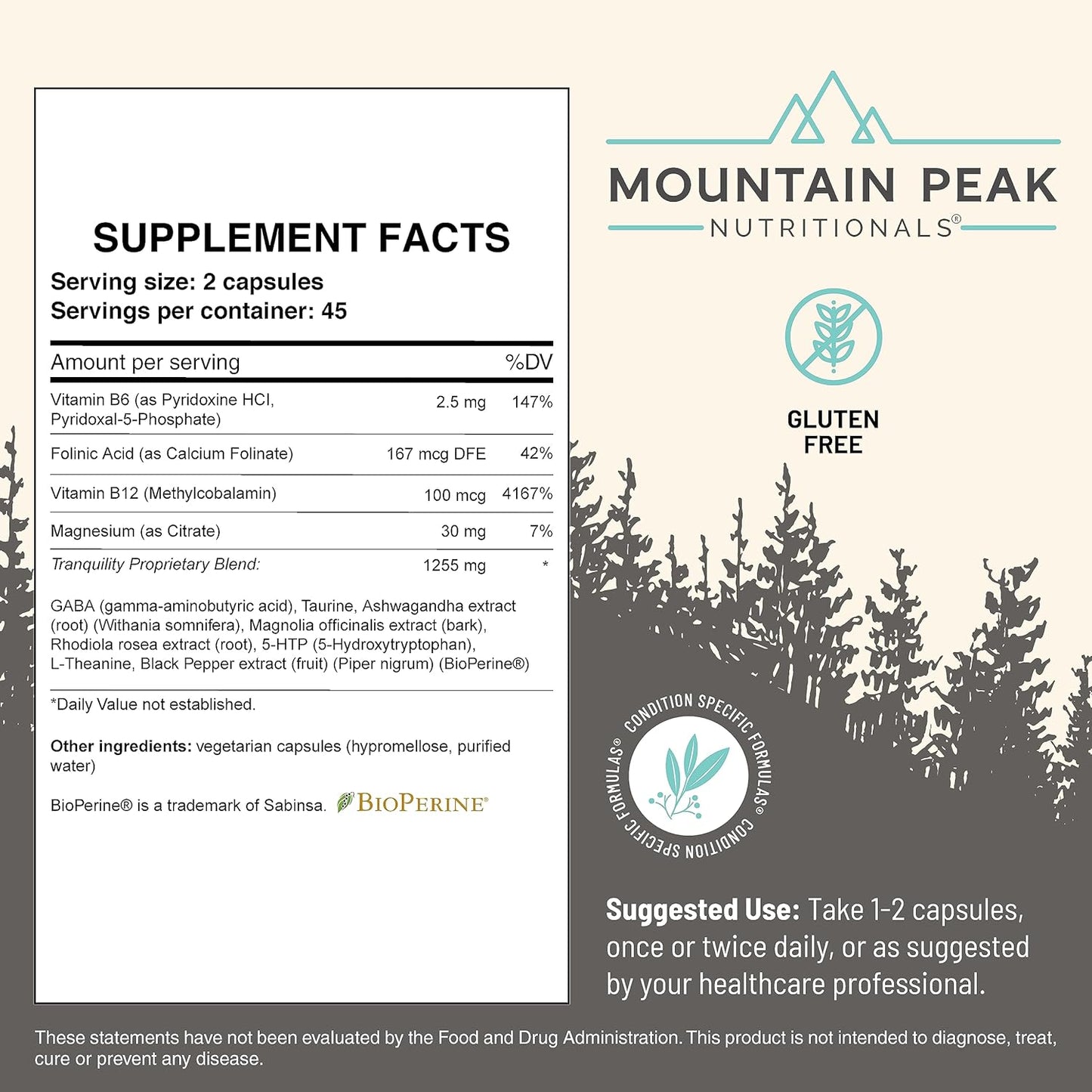 Brain Health, Sleep, and Stress Support Supplement with Vitamin B6, B12, and Adaptogens - 90 Vegetarian Capsules - Hypoallergenic Formula by Mountain Peak Nutritionals