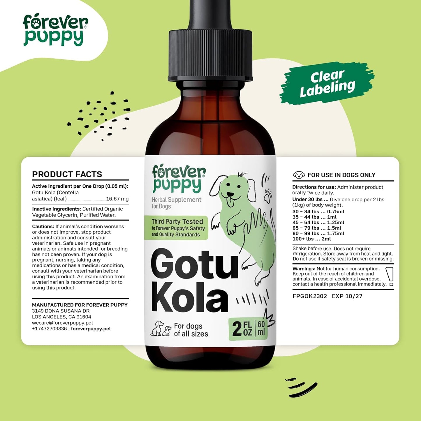 Brain Health Support Liquid Supplement for Dogs - Centella Asiatica & Gotu Kola Extract - 2 oz - All Breeds & Sizes