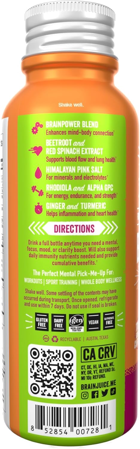 BrainJuice Peach Mango Energy & Focus Shots - Gluten Free Supplement with Alpha GPC, Vitamin B, Organic Green Tea Extract Caffeine - 12 Pack of Healthy Drinks in 2.5 fl oz Bottles
