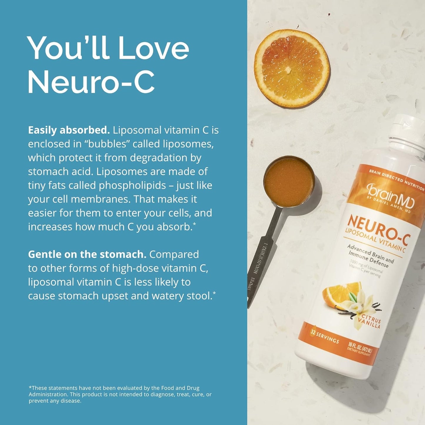 BRAINMD by Dr Amen Neuro-C: Citrus Vanilla - 16 fl oz, 1000mg Liposomal Vitamin C for Brain & Immune Support, Gluten Free - 32 Servings