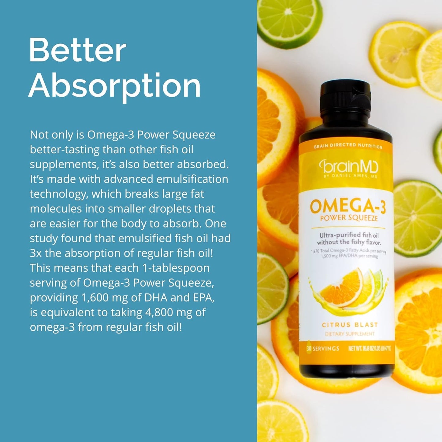 BRAINMD Dr Amen Omega-3 Citrus Blast Squeeze - 16.8 oz - Cardiovascular, Brain & Immune Support - Gluten Free - 30 Servings