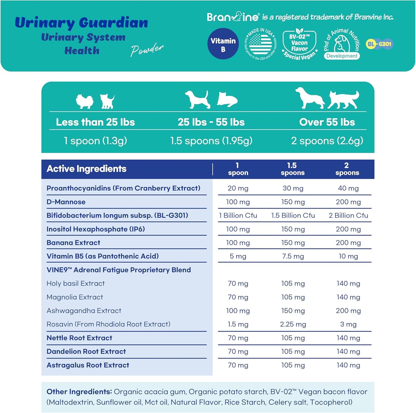 Branvine Urinary Support Supplement for Dogs and Cats - Promotes Kidney and Bladder Health with Vegan Bacon Flavor - 117g