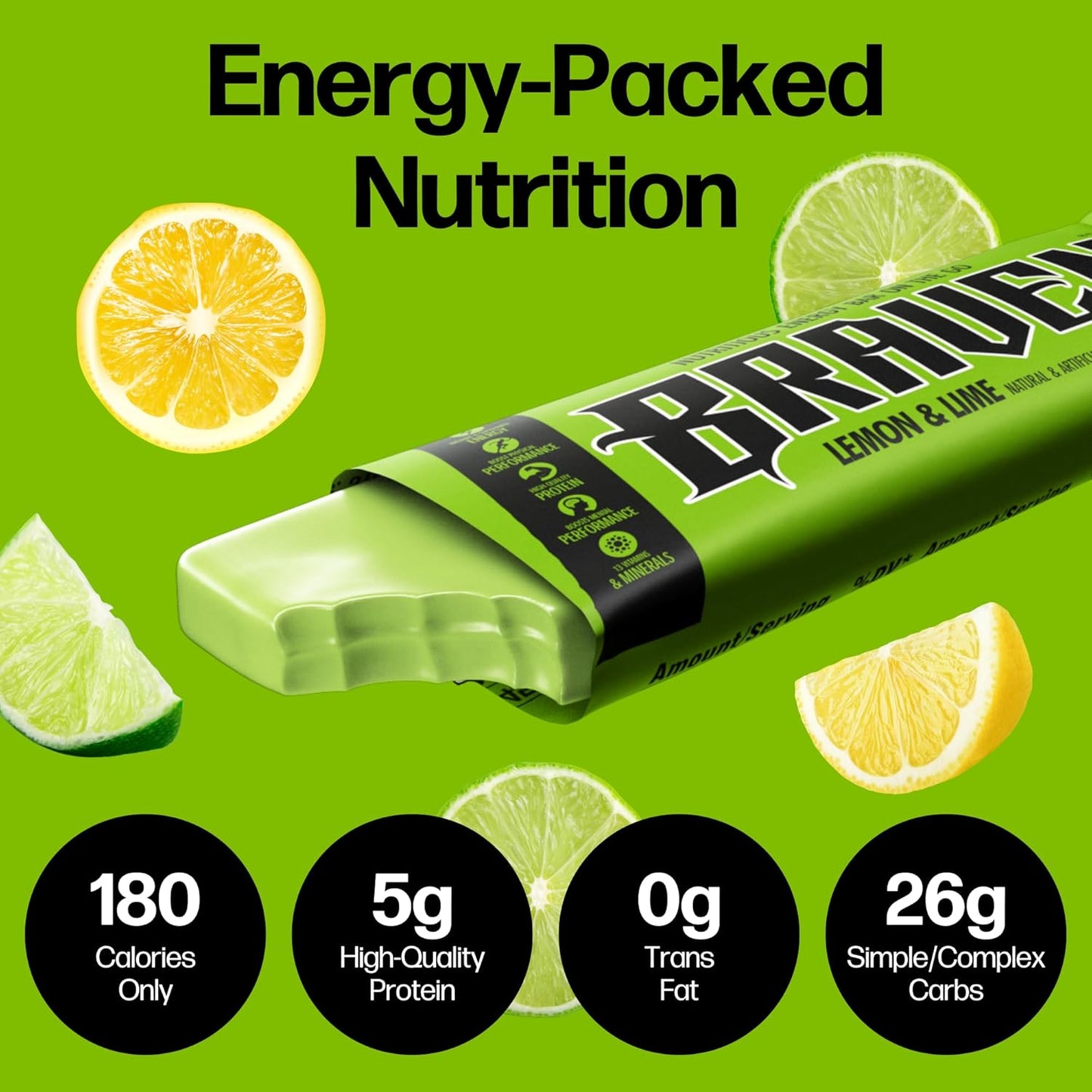 Braven Bar Lemon Lime Energy Chews: Pack of 10, 5g Protein, On-the-Go Snacks for Running, Hiking, Sports - Gluten Free Boost