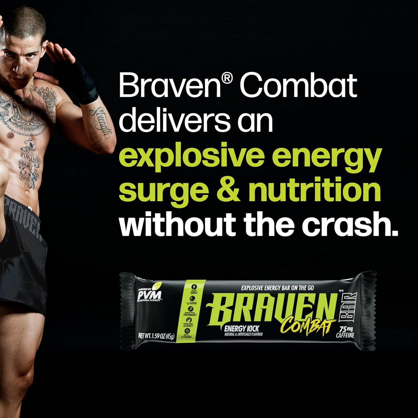Braven Combat Energy Kick Bars, Pack of 20, 1.59 oz - On-The-Go Energy Snacks with 75mg Caffeine - Gluten Free & Alternative to Chews