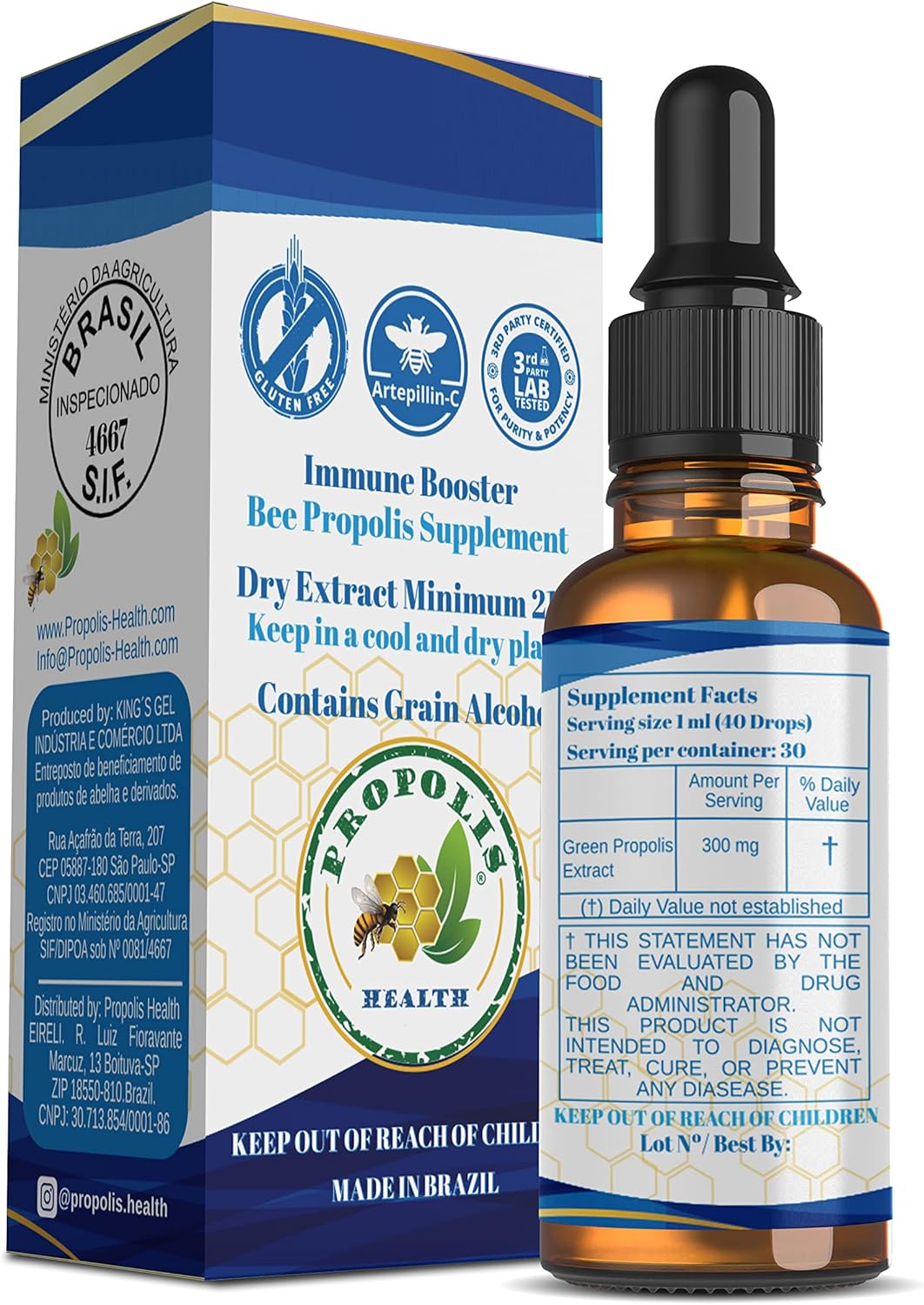 Brazilian Bee Propolis Extract Liquid Supplement - 30 Day Supply - Propolis Drops for Immune Support