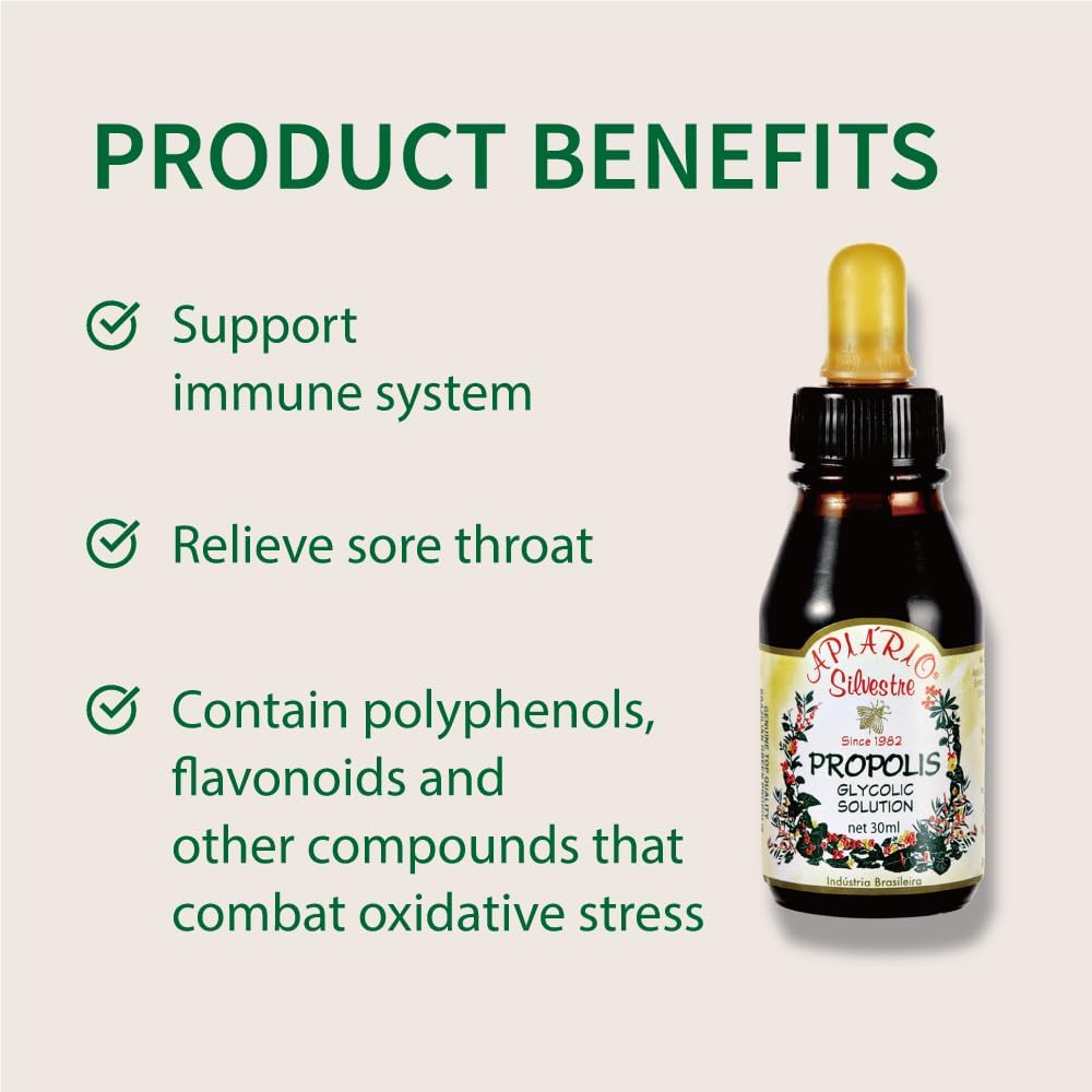 Brazilian Green Propolis Glycolic Extract: Immune Booster, Sore Throat Relief, Oral Care, Antioxidant, Cardio Health Support - Imported from São Paulo, Brazil - 1 Bottle