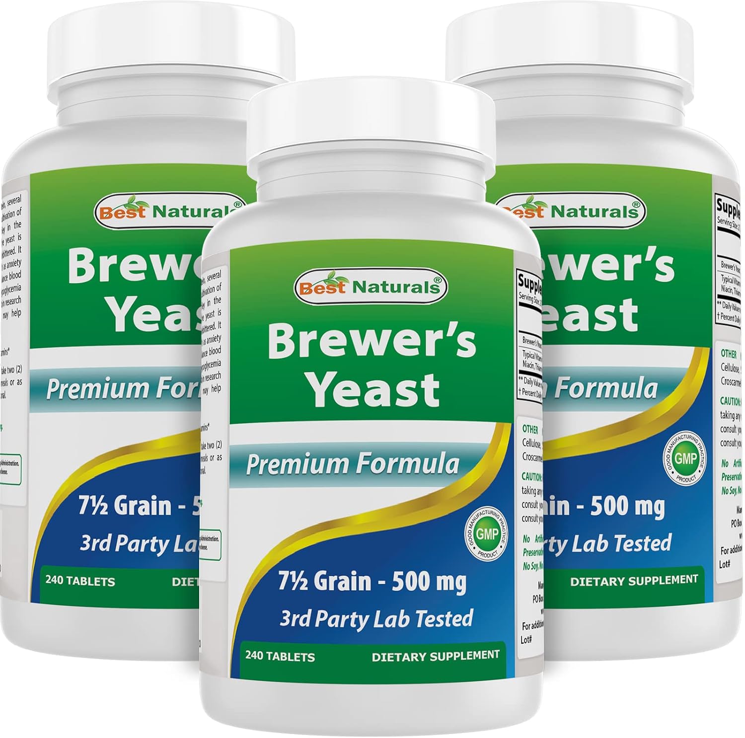 Brewers Yeast Supplement with Vitamin B1 & B2, 1000mg, 240 Tablets - Pack of 3 - High-Quality Natural Formula