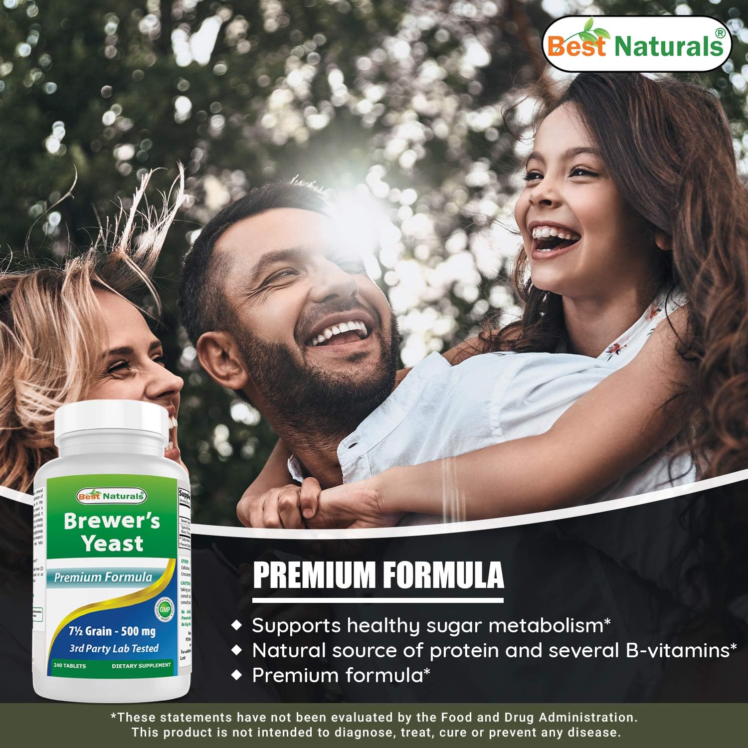 Brewers Yeast Supplement with Vitamin B1 & B2, 1000mg, 240 Tablets - Pack of 3 - High-Quality Natural Formula