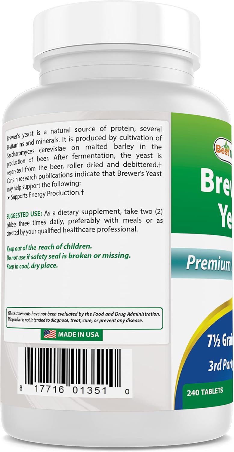 Brewers Yeast Supplement with Vitamin B1 & B2, 1000mg, 240 Tablets - Pack of 3 - High-Quality Natural Formula