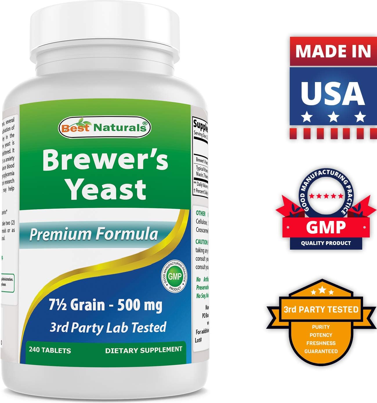 Brewers Yeast Supplement with Vitamin B1 & B2, 1000mg, 240 Tablets - Pack of 3 - High-Quality Natural Formula