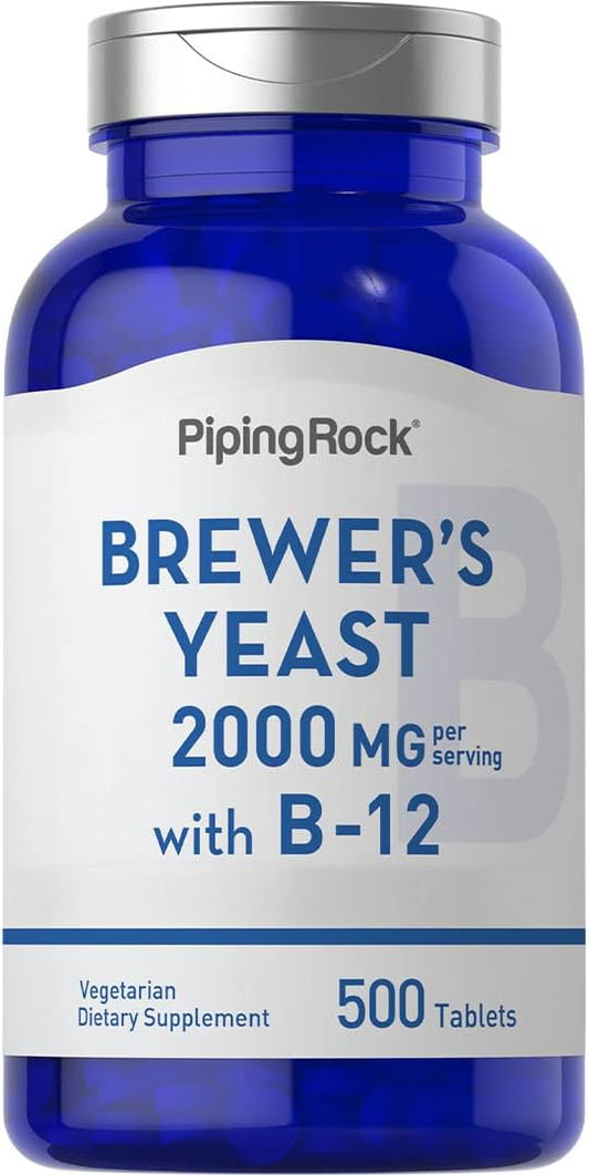 Brewer's Yeast Tablets 2000mg with B12 - 500 Pills, Vegetarian Non-GMO Supplement