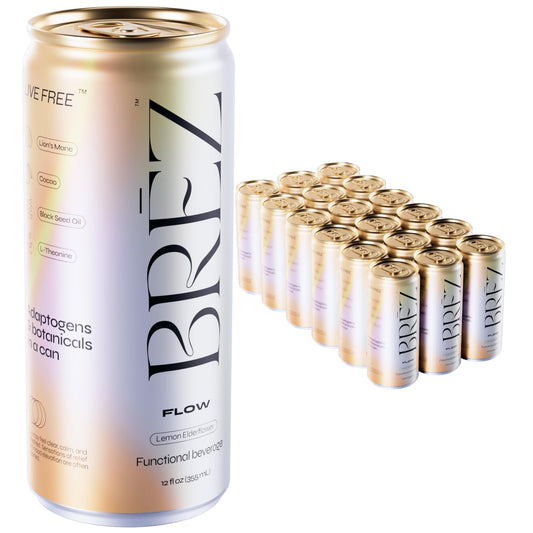 BREZ FLOW Lion's Mane Mushroom Sparkling Lemon Elderflower Tonic - Adaptogens for Relief and Uplift, Non-Infused 12 Fl oz (18-pack)