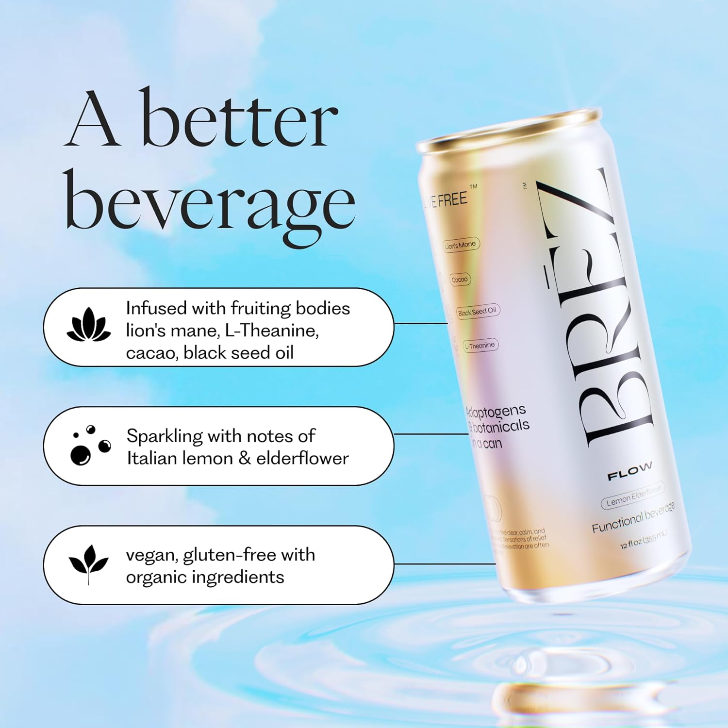 BREZ FLOW Lion's Mane Mushroom Sparkling Lemon Elderflower Tonic - Adaptogens for Relief and Uplift, Non-Infused 12 Fl oz (18-pack)