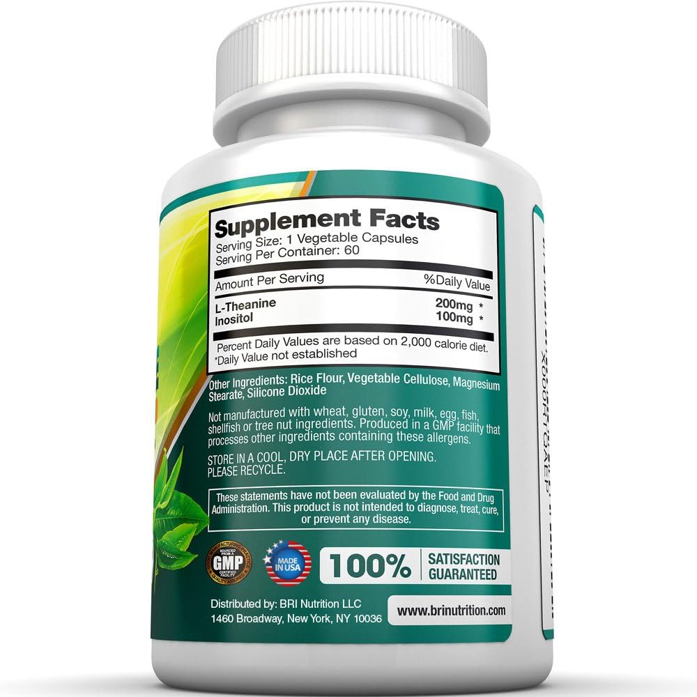 BRI Nutrition L-Theanine 200mg Supplement with Inositol for Relaxation, Stress Relief, and Mood Boost - 60 Count