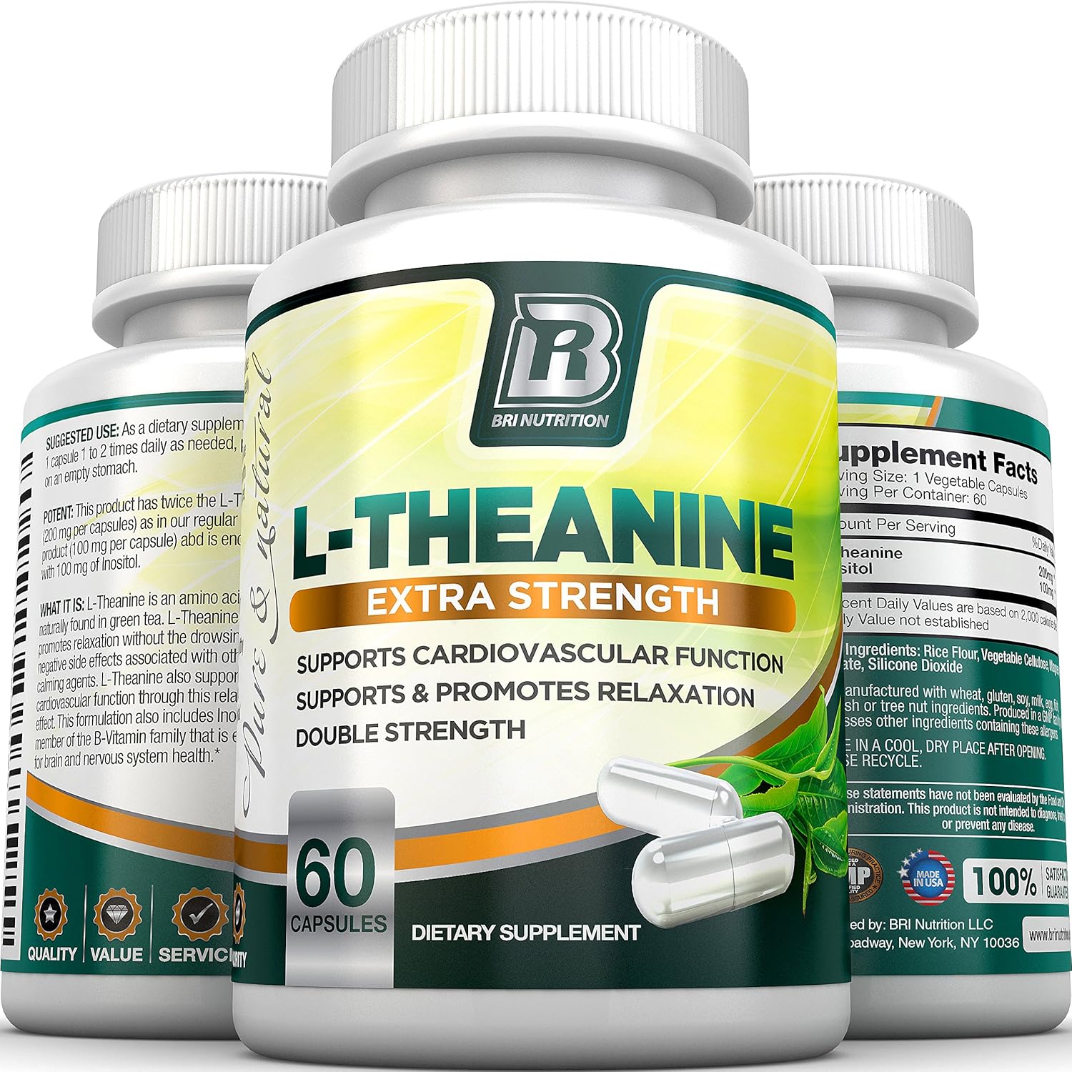 BRI Nutrition L-Theanine 200mg Supplement with Inositol for Relaxation, Stress Relief, and Mood Boost - 60 Count