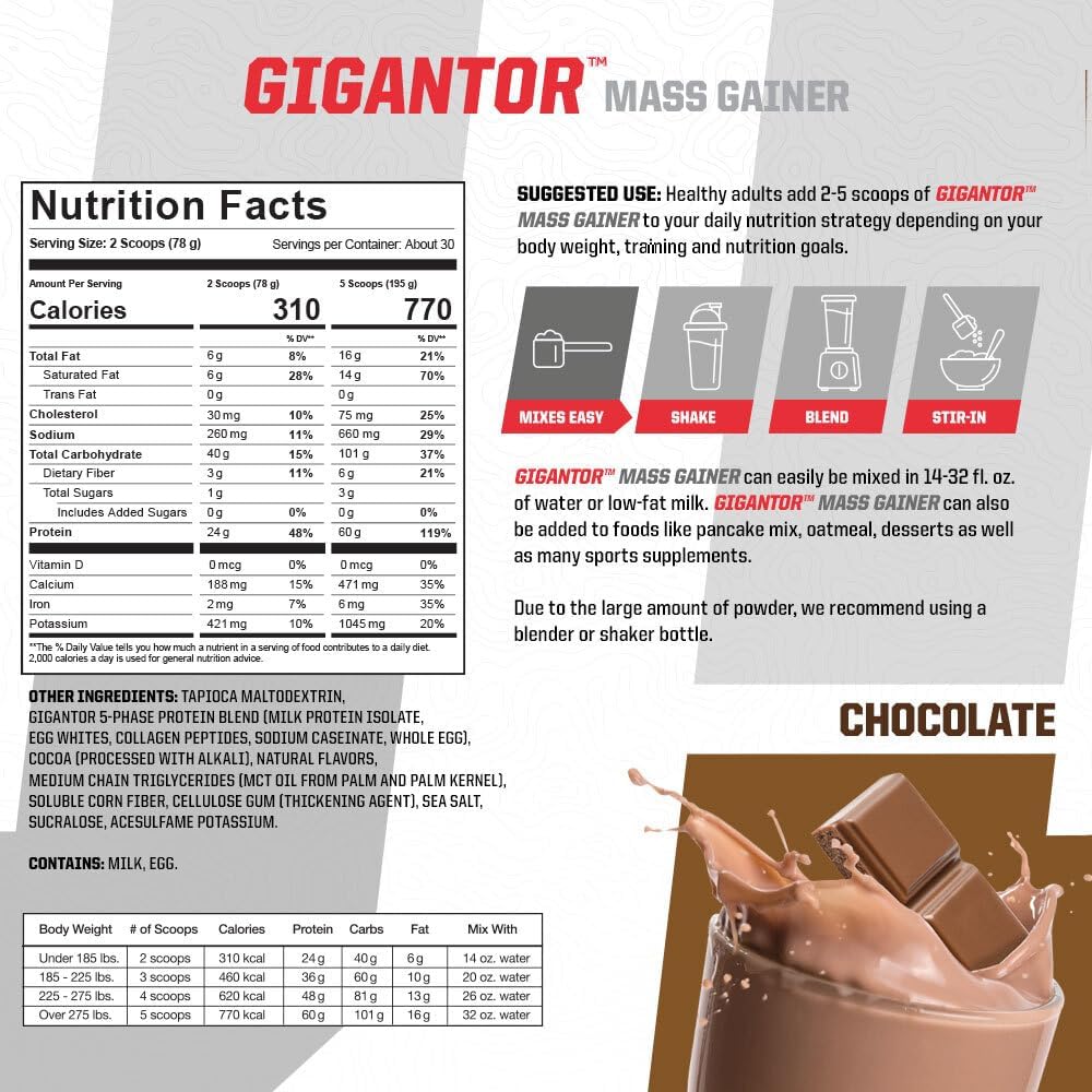 Brian Shaw's Gigantor Mass Gainer: Hardcore Formula with 60g Protein, 30 Servings, 790 Calories - 5-Phase Protein Blend, 5.16 lbs, Chocolate