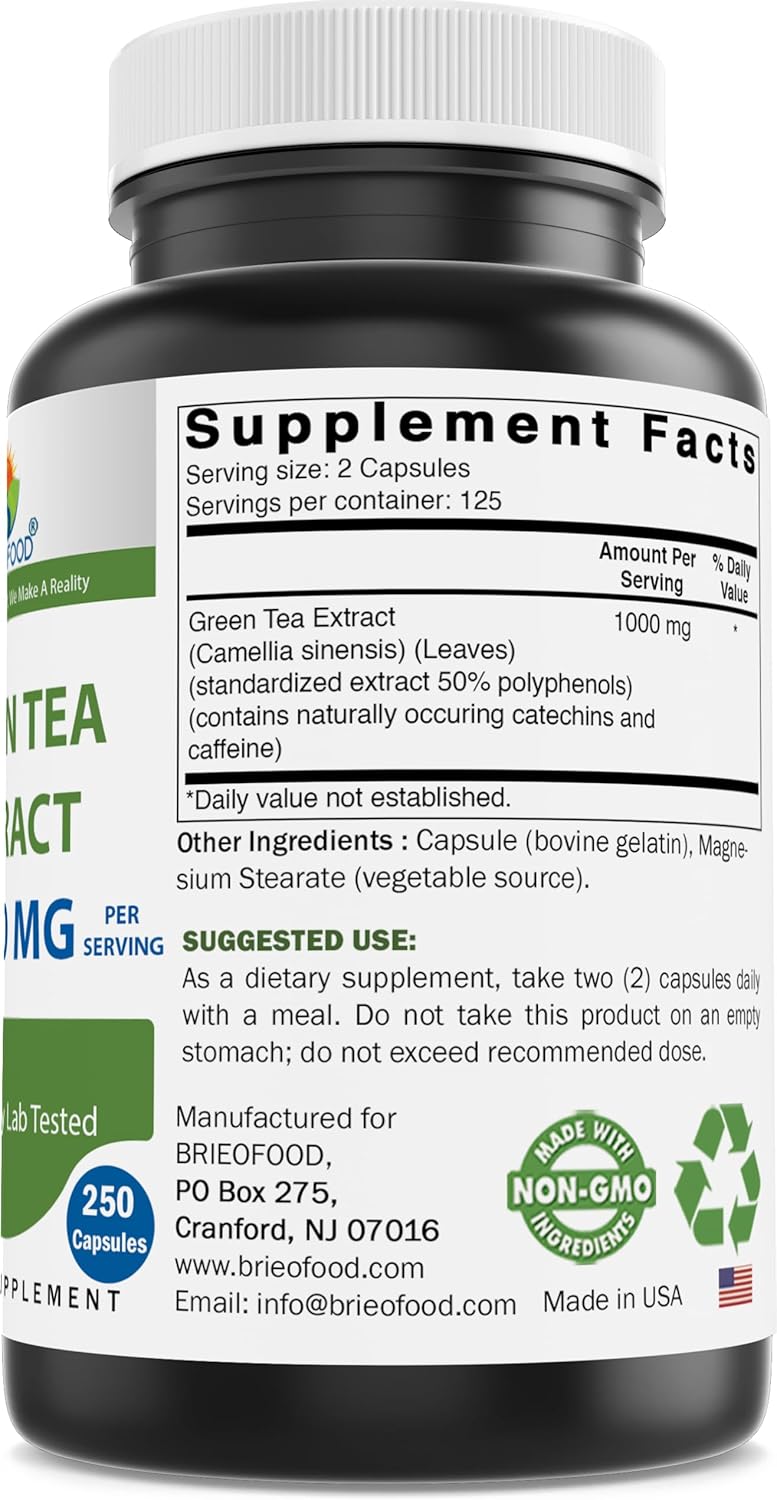 Brieofood Green Tea Extract Capsules - 1000mg per Serving, 50% Polyphenols - 250 Count, Lab Tested for Purity - BoostGo Australia