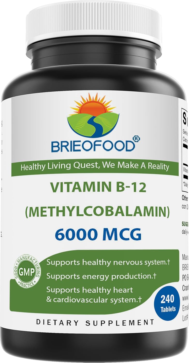 Brieofood Methylcobalamin Vitamin B12 6000mcg - 240 Tablets, Non-GMO & Gluten-Free
